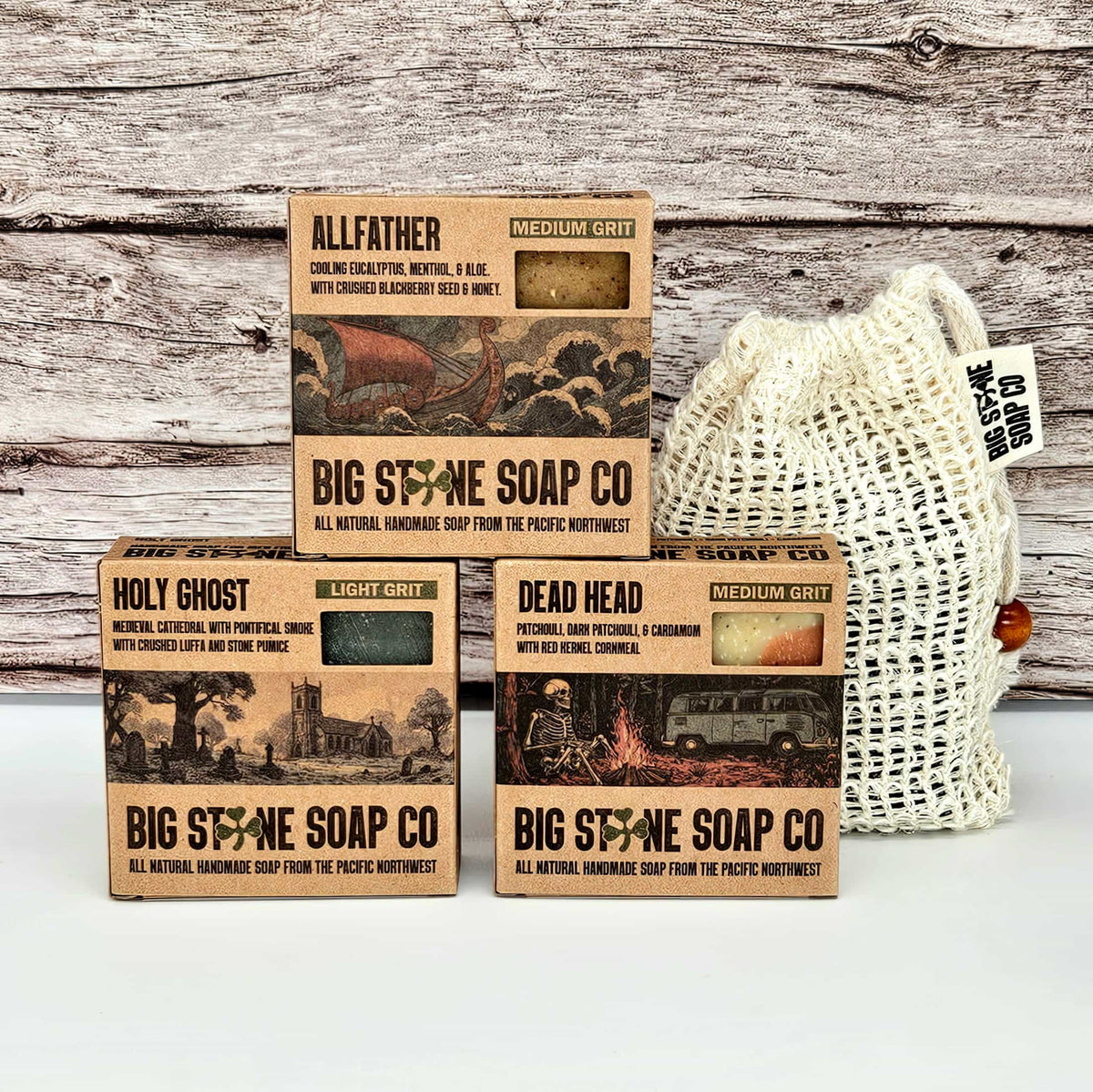 Sacred Bundle flat lay of Holy Ghost, Dead Head, and Allfather soap boxes
