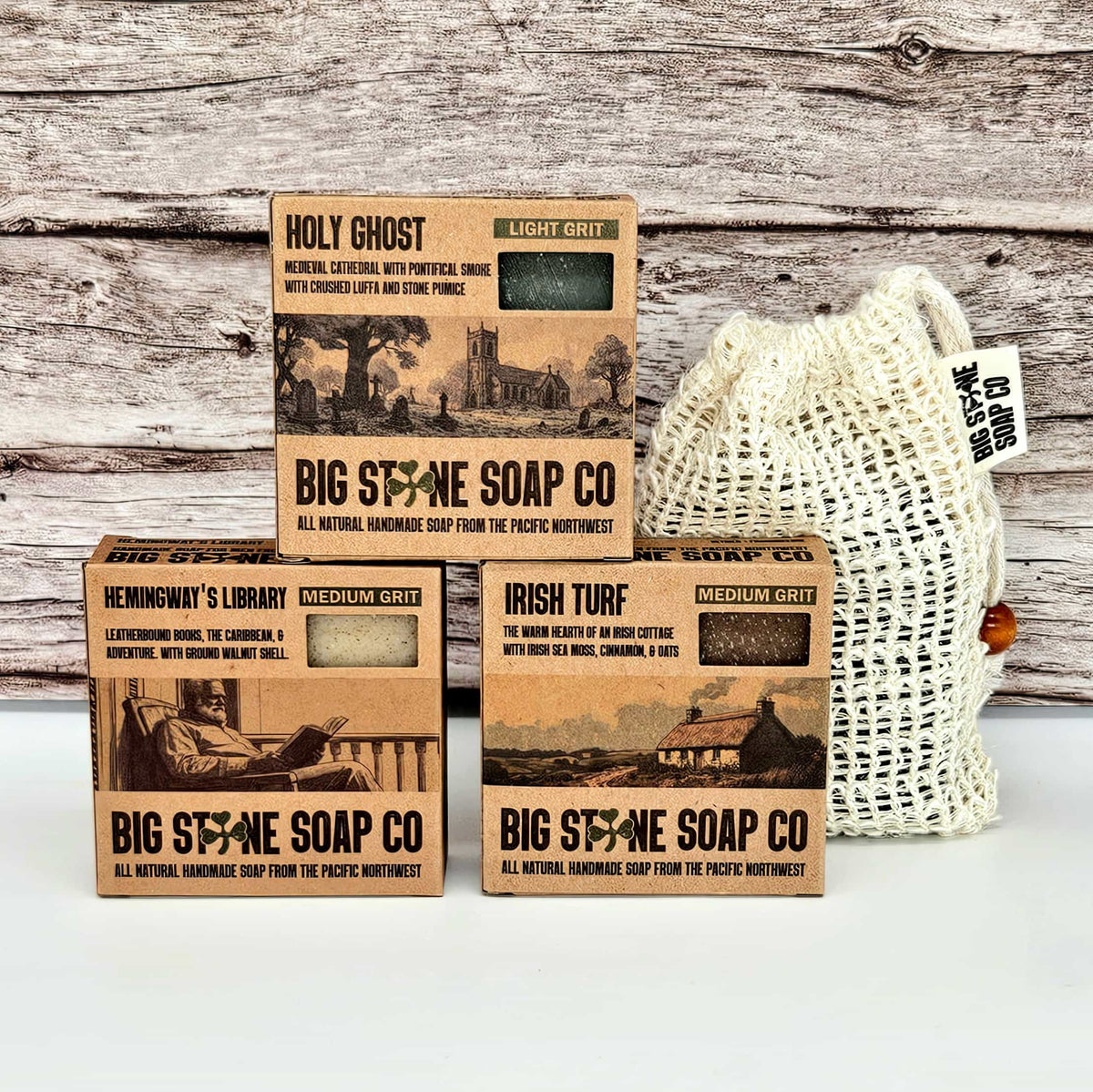 Saints & Scholars Bundle flat lay of Holy Ghost, Hemingway's Library, and Irish Turf soap boxes
