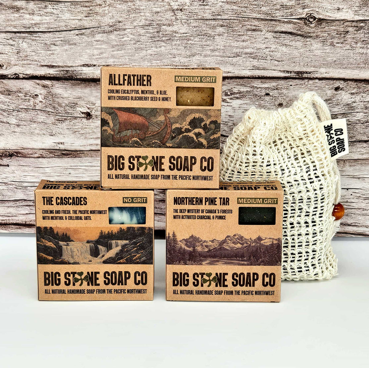 Working Man's Bundle flat lay of Allfather, The Cascades, and Northern Pine Tar soap boxes

