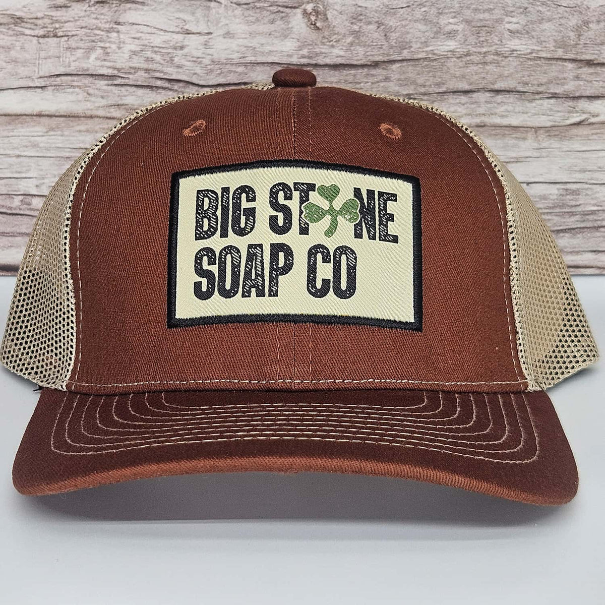 Big Stone Soap Co. trucker's hat in brown, adjustable baseball cap with mesh back