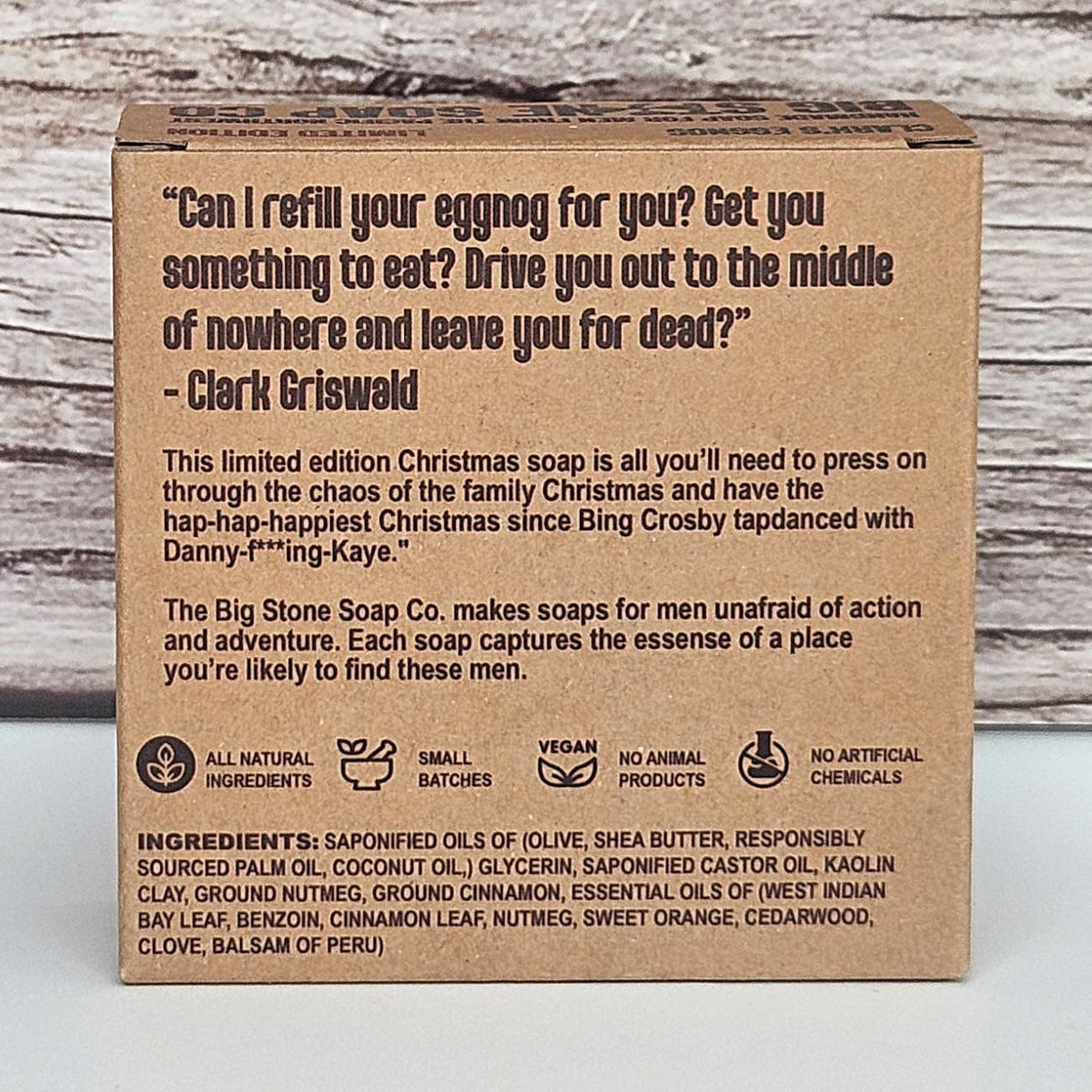 Back of Clark's Eggnog soap box showing ingredients and scent notes