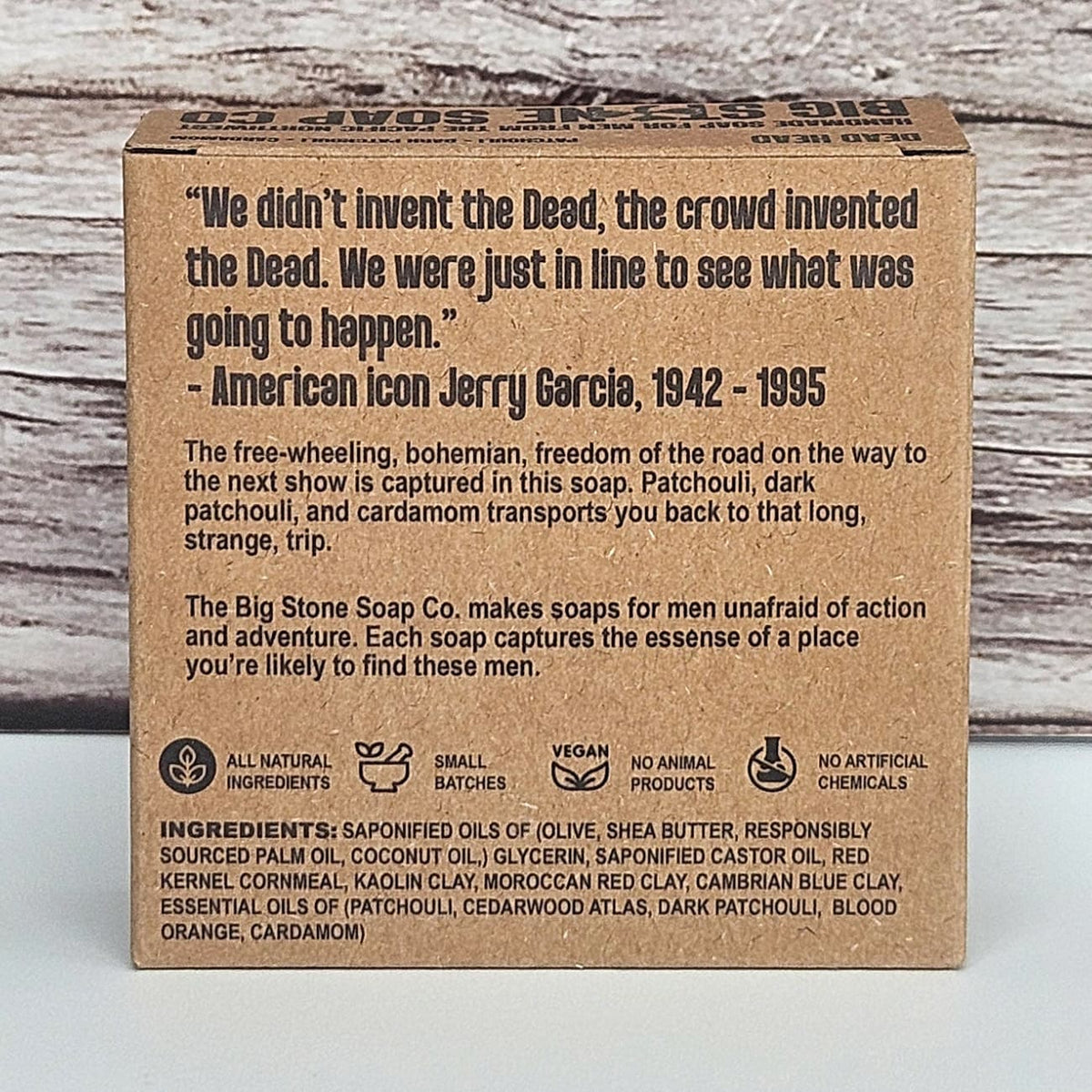 Back of Dead Head soap box showing ingredients and scent notes