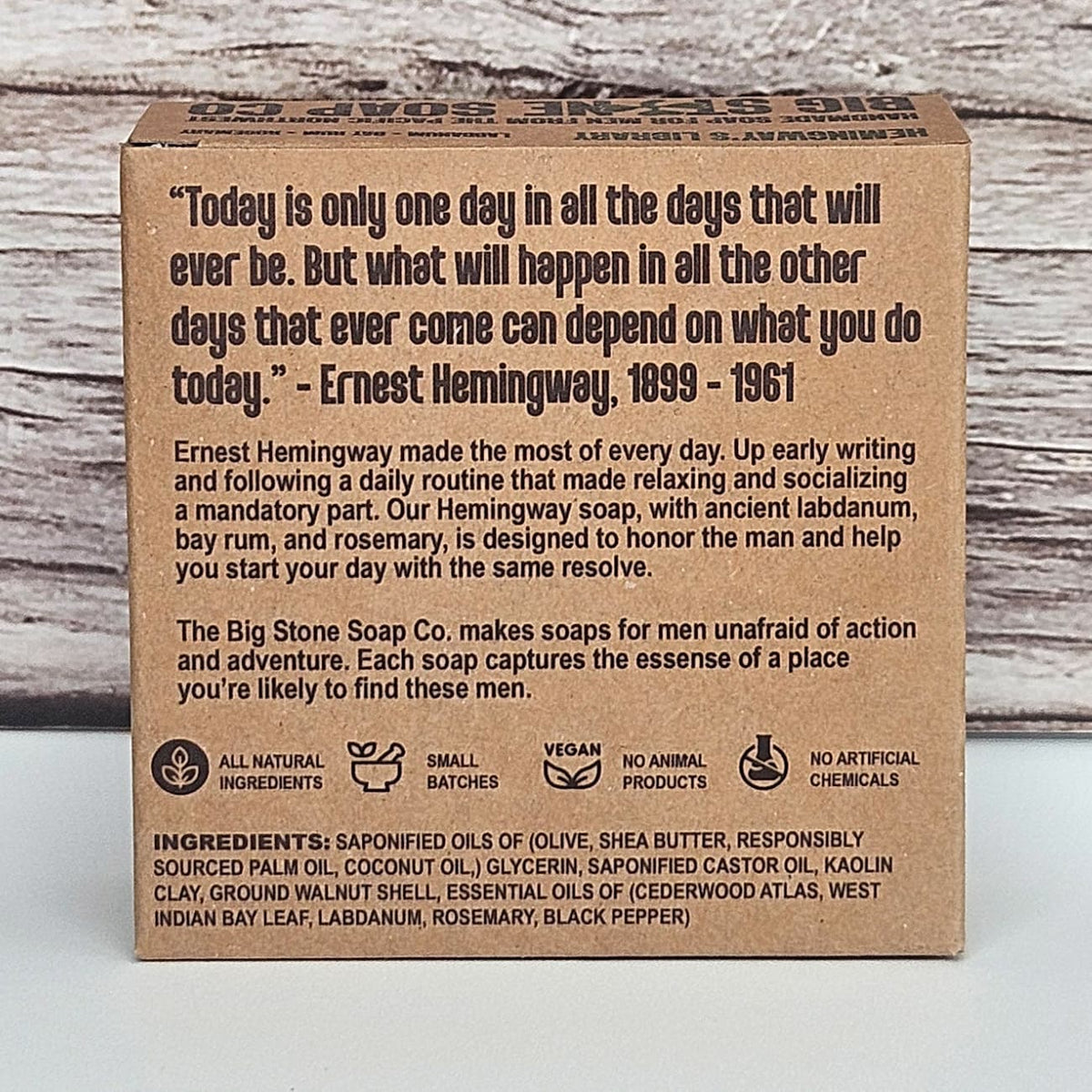 Back of Hemingway's Library soap box showing ingredients and scent notes