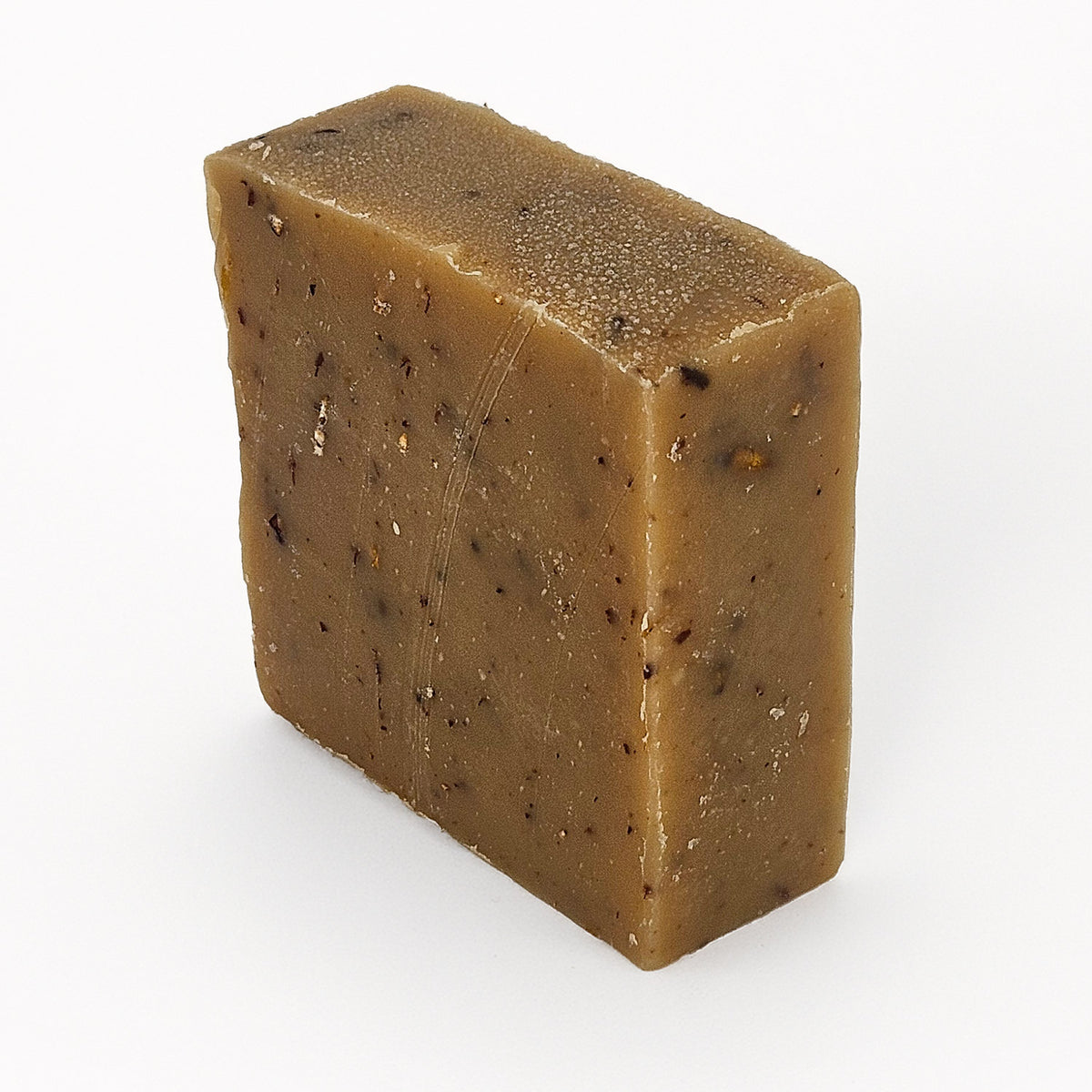 Unboxed bar of Hops + Barley Soft Scrub natural handmade soap, a IPA beer soap with crushed hops and rolled barley
