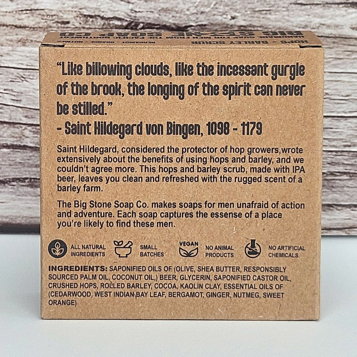 Back of Hops + Barley Soft Scrub soap box showing ingredients and scent notes
