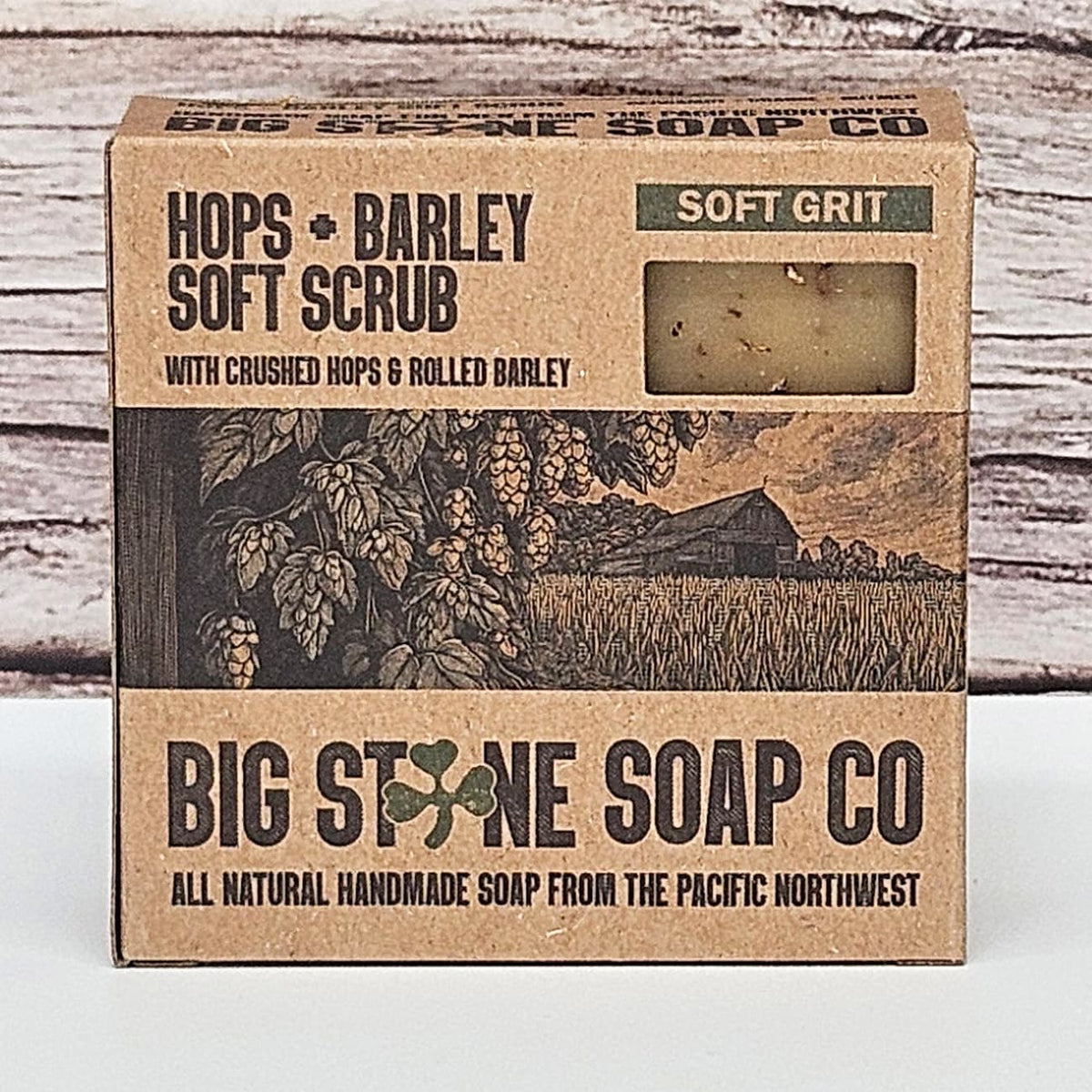 Hops + Barley Soft Scrub natural soap boxed for men, scented with bergamot, orange & nutmeg
