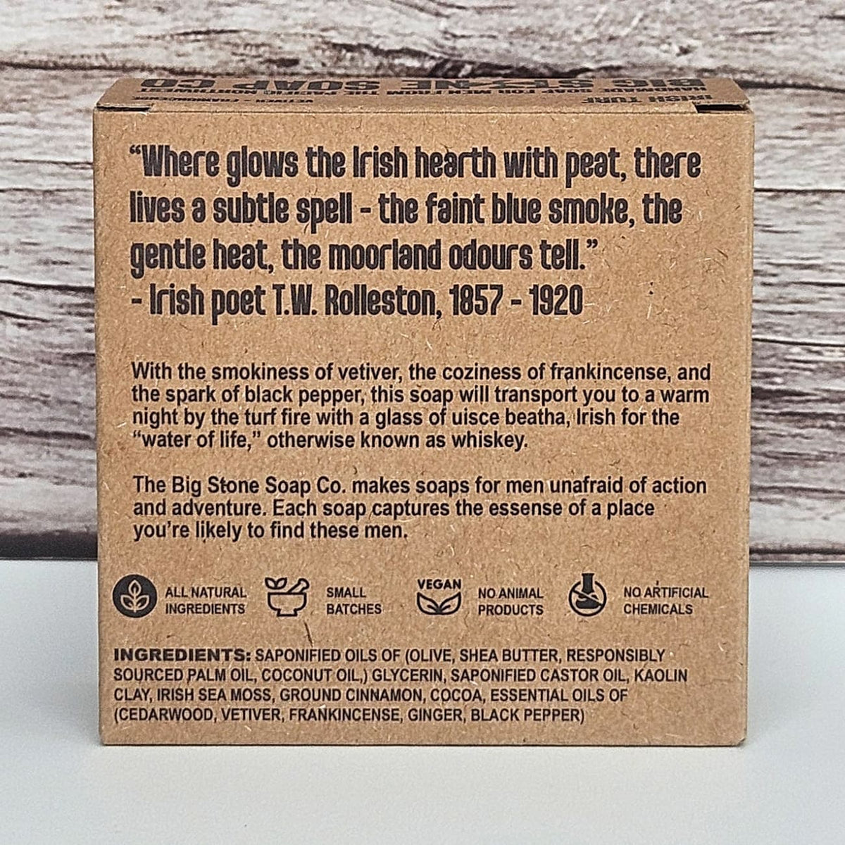 Back of Irish Turf soap box showing ingredients and scent notes