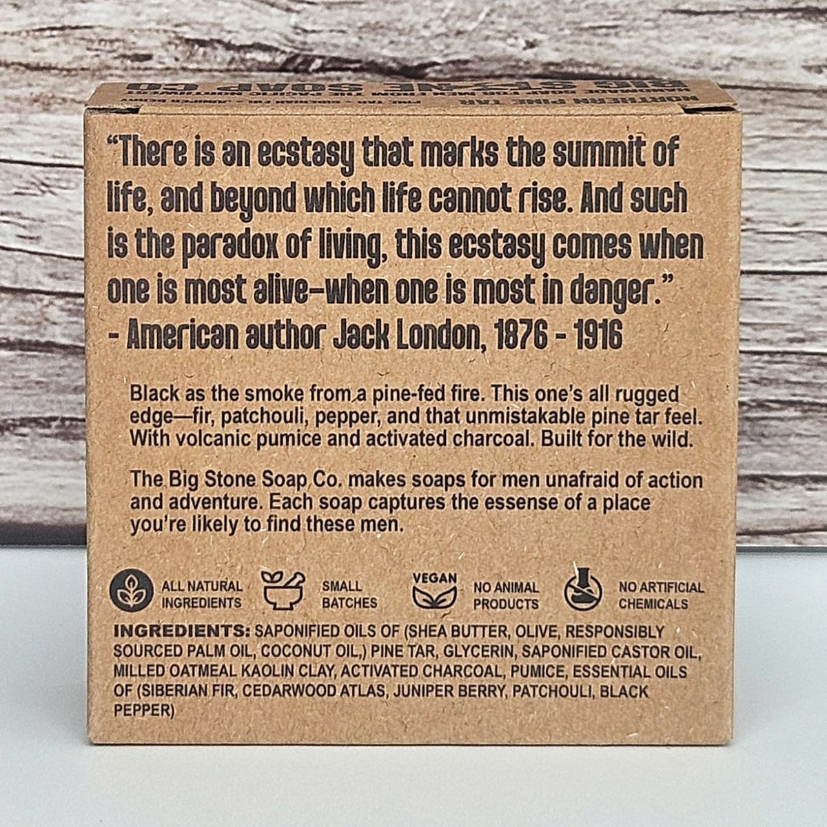 Back of Northern Pine Tar soap box showing ingredients and scent notes