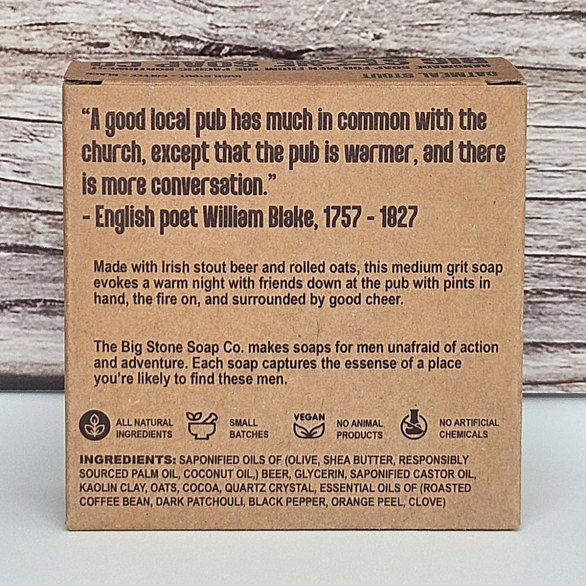 Back of Oatmeal Stout soap box showing ingredients and scent notes
