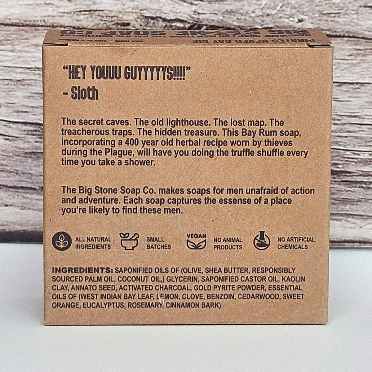 Back of Pirates Never Say Die soap box showing ingredients and scent notes

