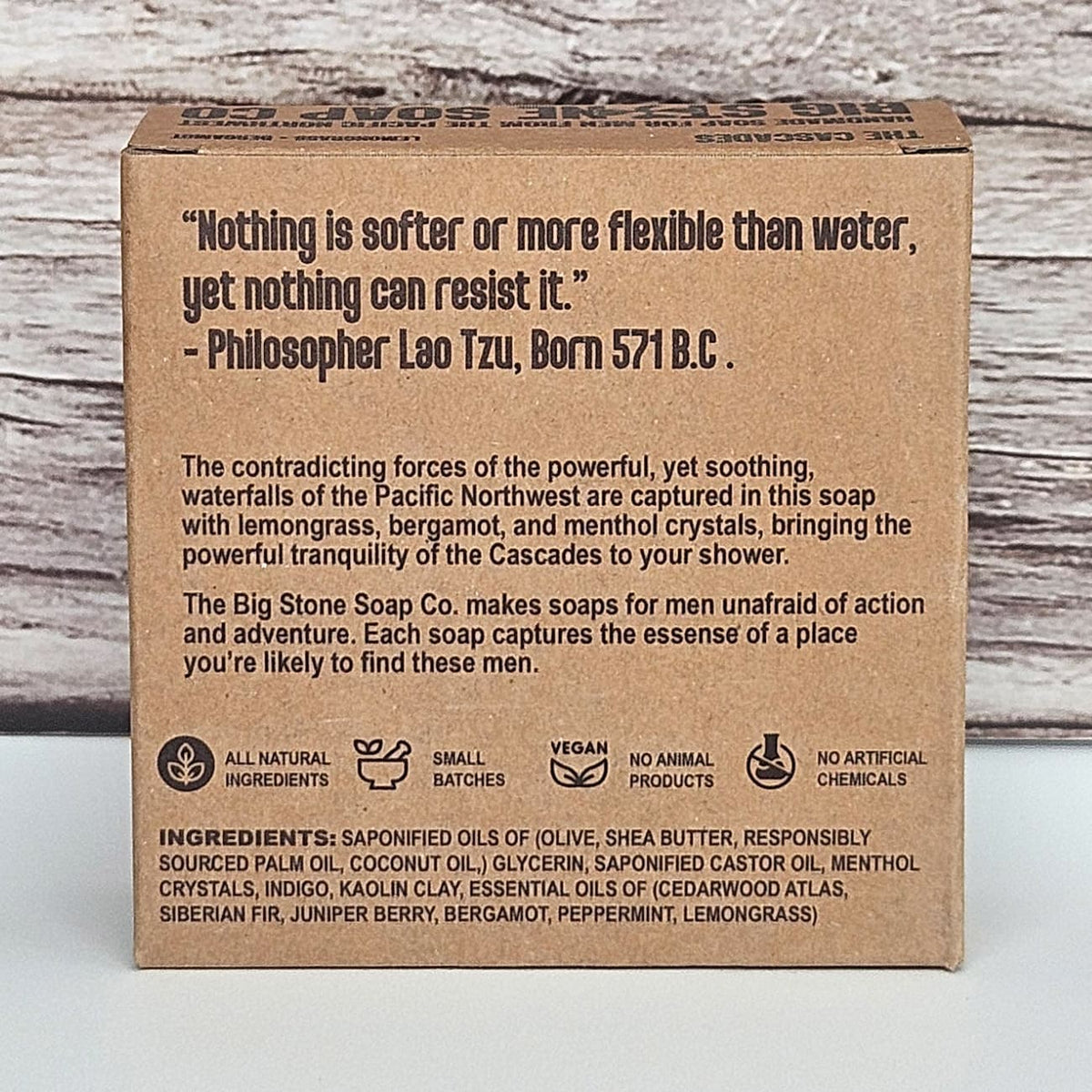 Back of The Cascades soap box showing ingredients and scent notes