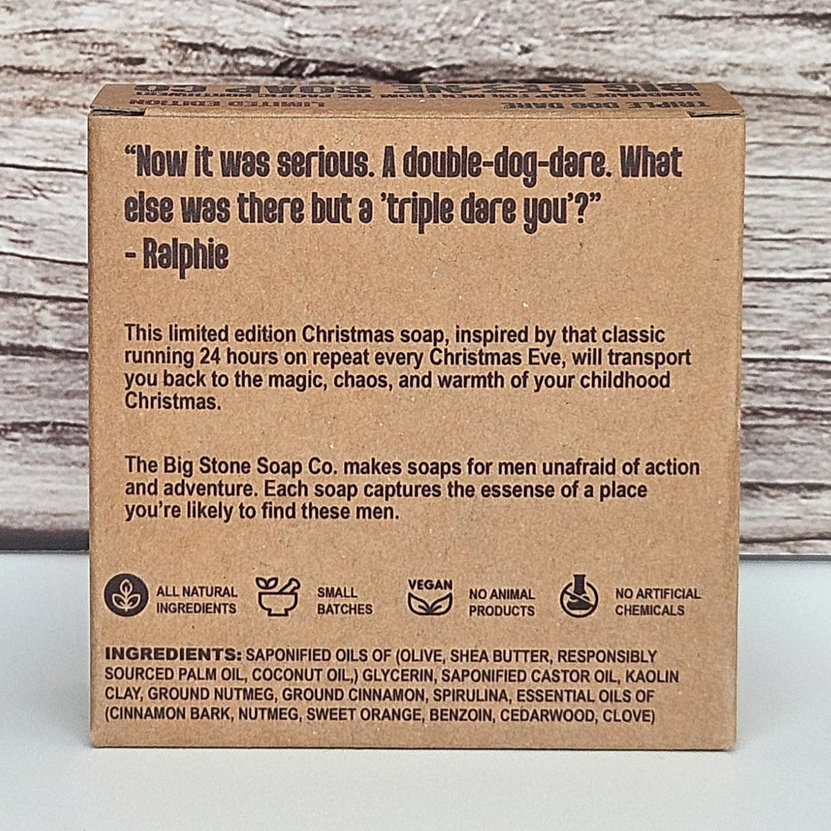 Back of Triple Dog Dare soap box showing ingredients and scent notes